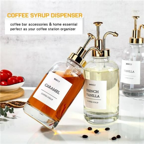 Coffee Syrup Dispenser Set with Pumps Glass Bottles Labels Coffee Bar Decor - Picture 6 of 8